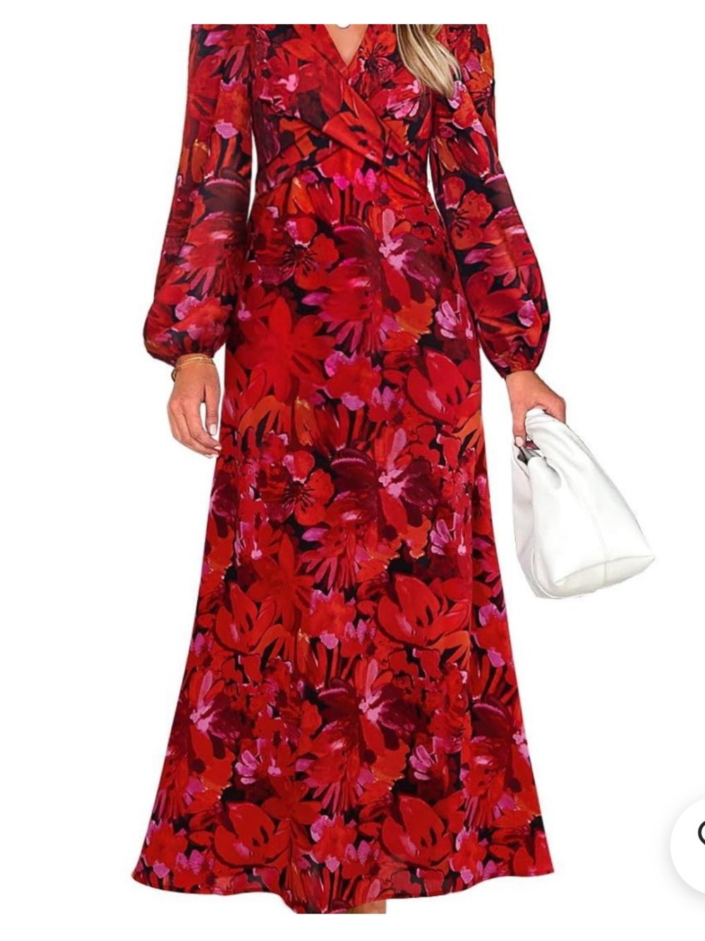 New York & Company Red Floral Wrap Maxi Dress with Pink Accents